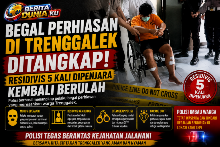 Begal Perhiasan di Trenggalek Ditangkap, Residivis 5 Kali Dipenjara Kembali Berulah