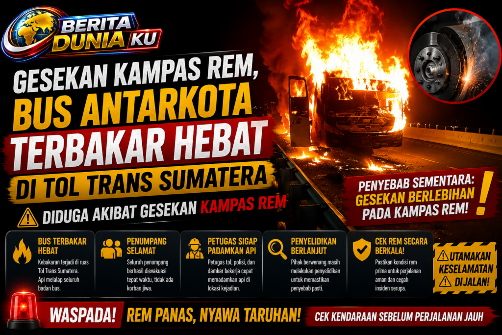 Bus Antarkota Terbakar Hebat di Tol Trans Sumatera Diduga Akibat Gesekan Kampas Rem